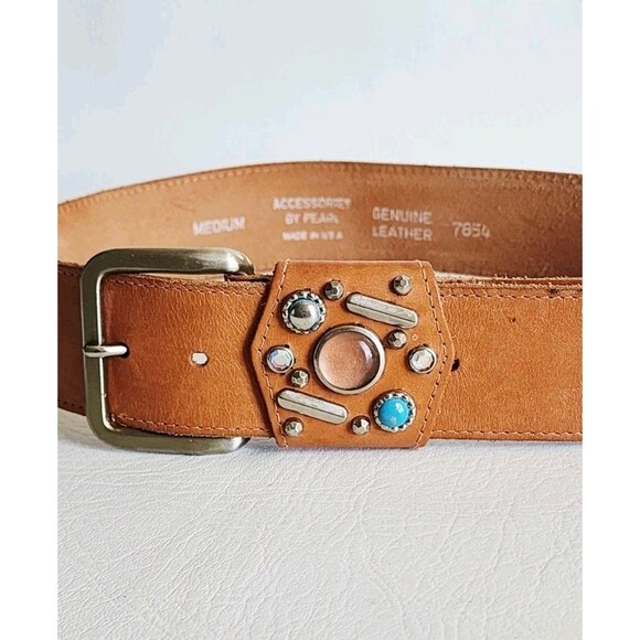 Vintage Accessories by Pearl Belt M Tan Leather Western Turquoise Studded Stones main image 5